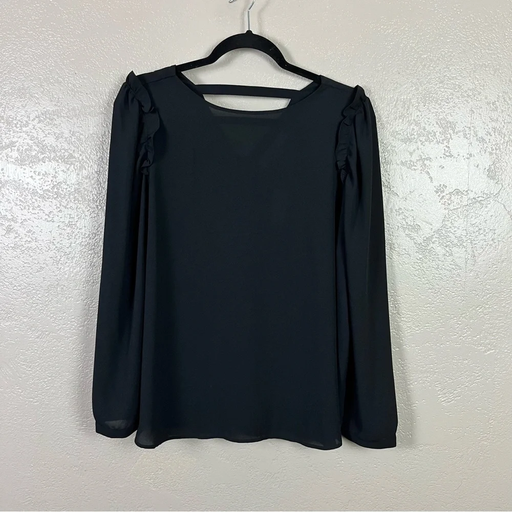 Loft Black Ruffle Puff Long‎ Sleeve Blouse Size Large Petite